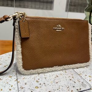 Coach Brown Leather and Sherpa Trim Large Wristlet